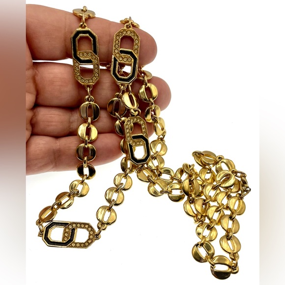 Vintage 1980s Signed DVF Gold Tone & Enamel Linked Necklace Swarovski Crystals - Picture 3 of 7
